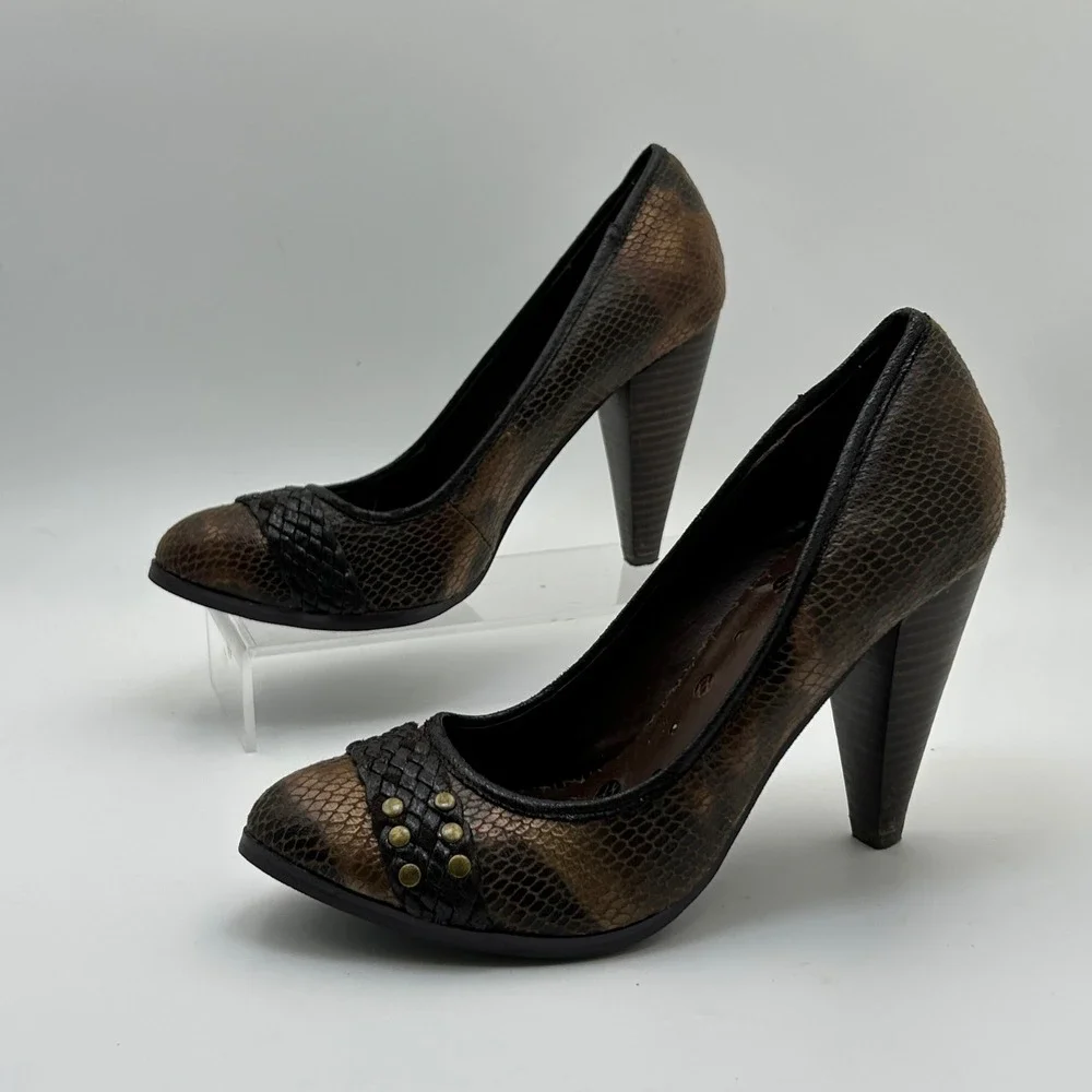 Not‎ Rated Pumps Womens 7.5 Brown Snakeskin Studded Woven Boho Indie Heels